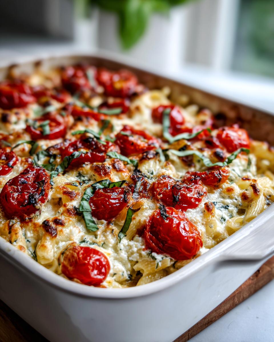 Baked feta tomato pasta dinner recipe in white dish with roasted tomatoes and fresh basil