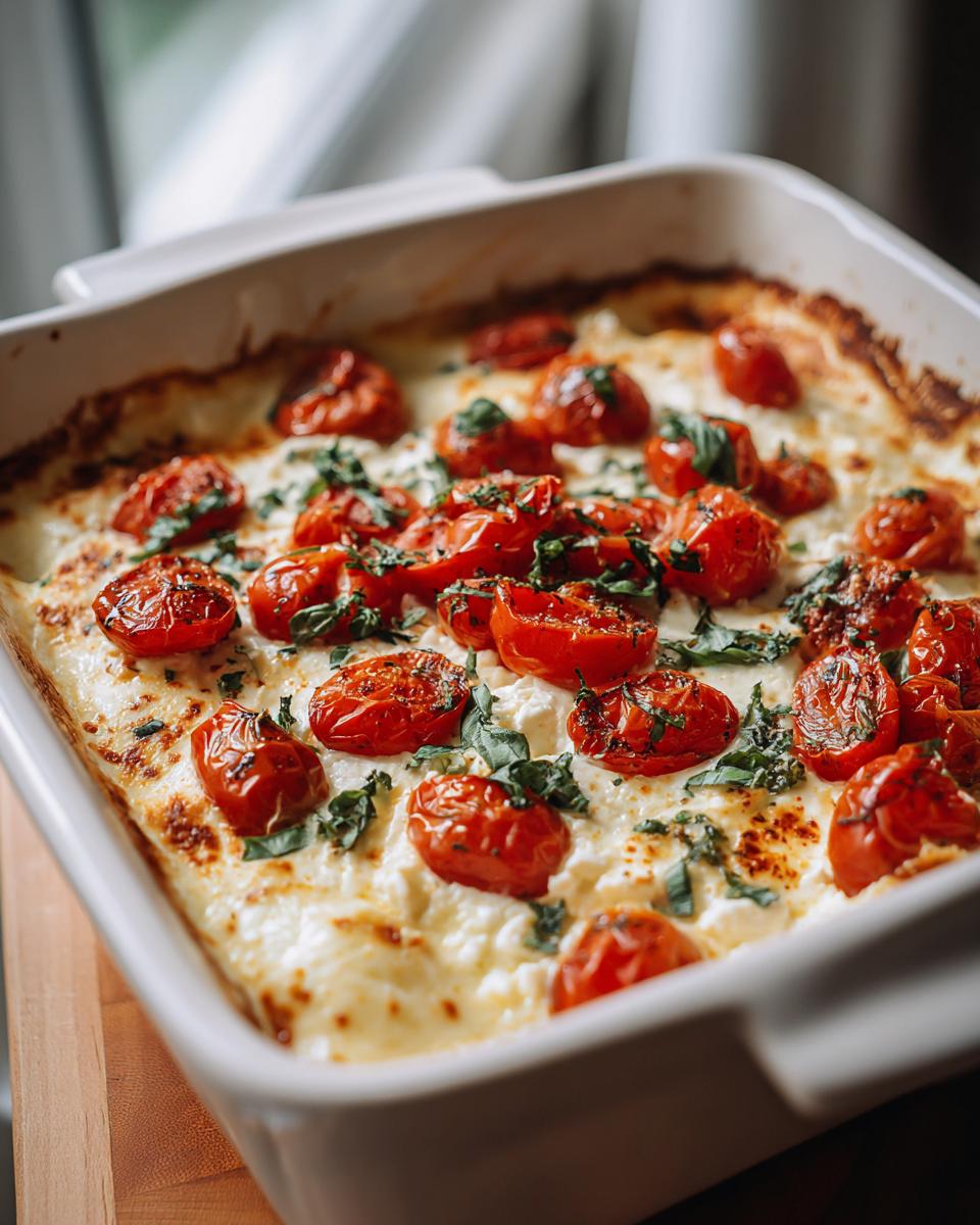 Baked feta cheese topped with roasted cherry tomatoes and fresh herbs in a white baking dish