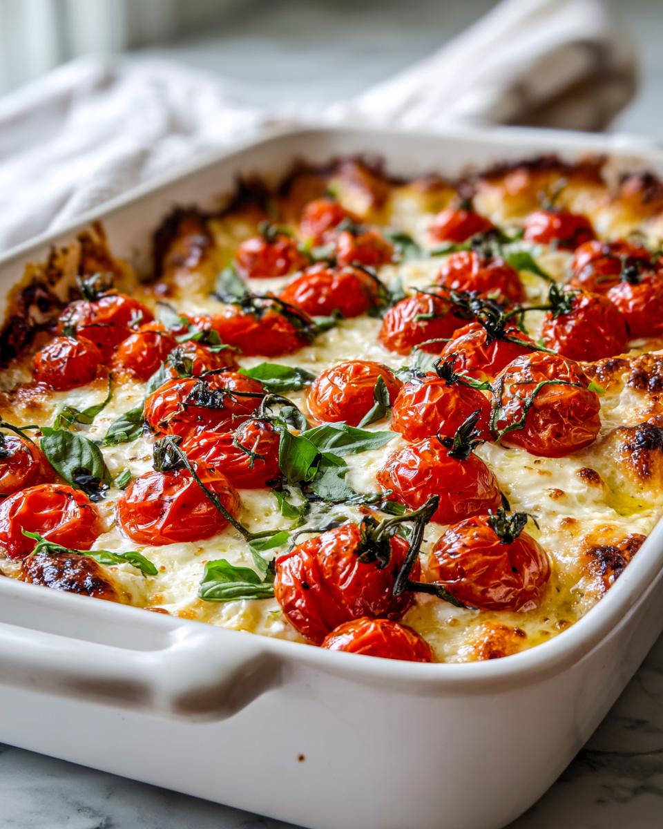 Close-up of baked feta tomato pasta dinner recipe with roasted cherry tomatoes and fresh basil in white dish