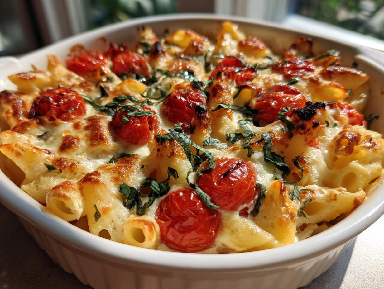Close-up of baked feta tomato pasta dinner recipe with cherry tomatoes, melted cheese, and herbs in a white casserole dish.