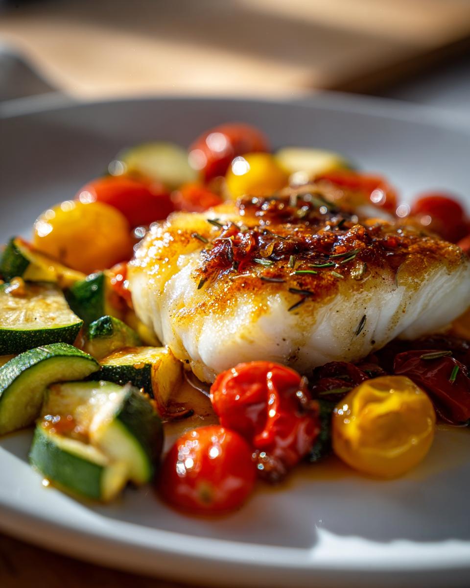 Plated baked lemon herb cod with roasted zucchini and cherry tomatoes, garnished with herbs.