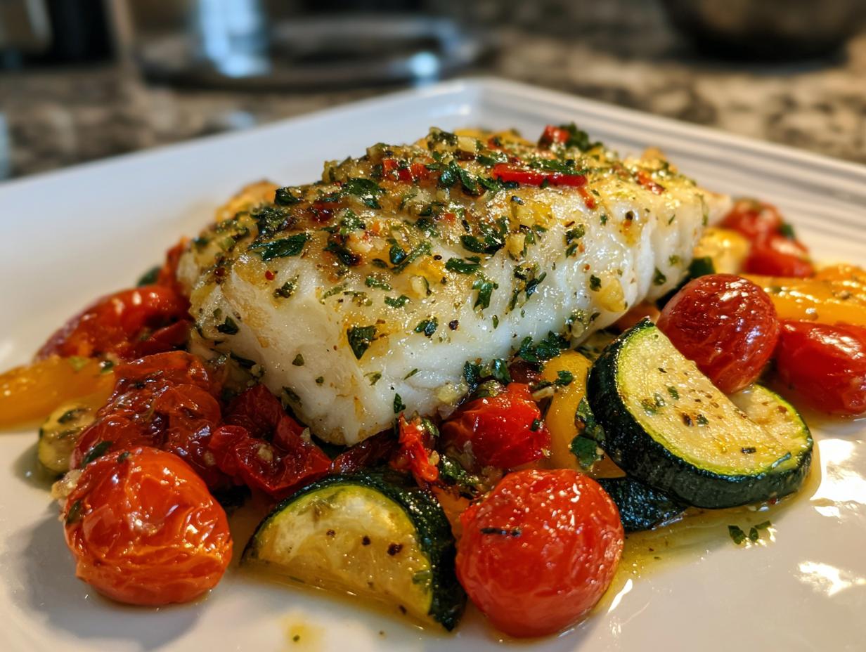 Close-up of baked lemon herb cod with roasted cherry tomatoes and zucchini on a white plate