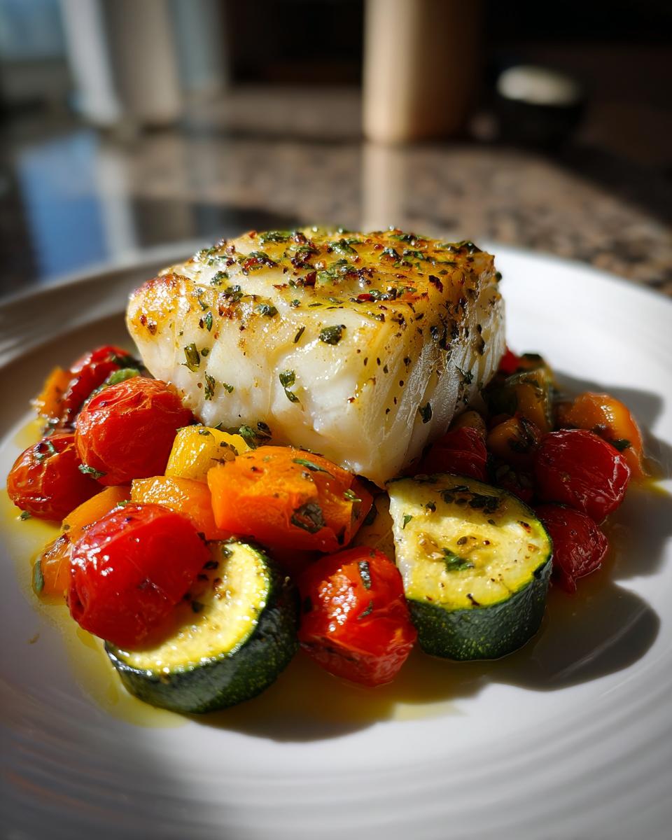 Baked lemon herb cod served with colorful roasted cherry tomatoes, zucchini, and carrots