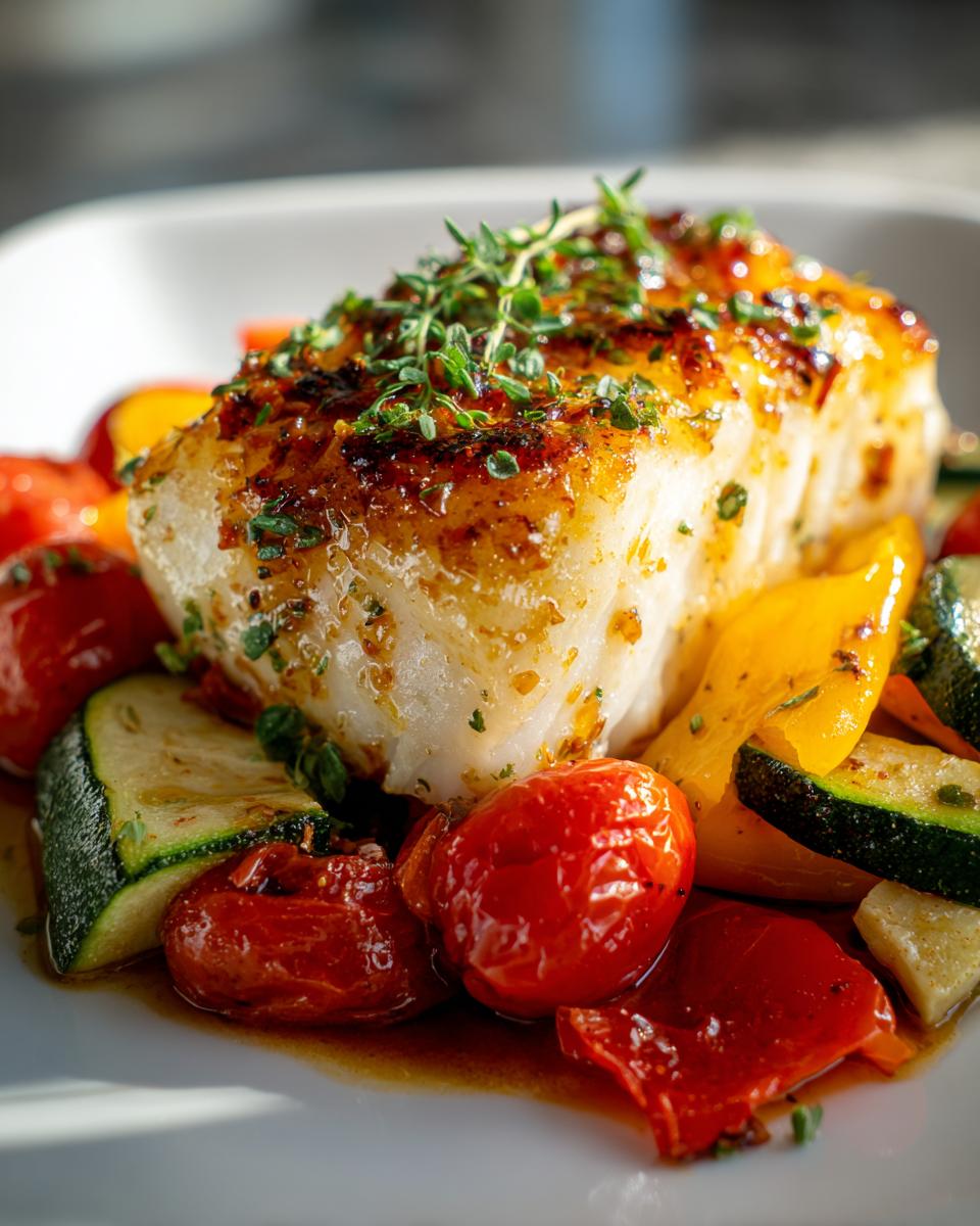 Close-up of baked lemon herb cod with roasted zucchini, cherry tomatoes, and yellow peppers.