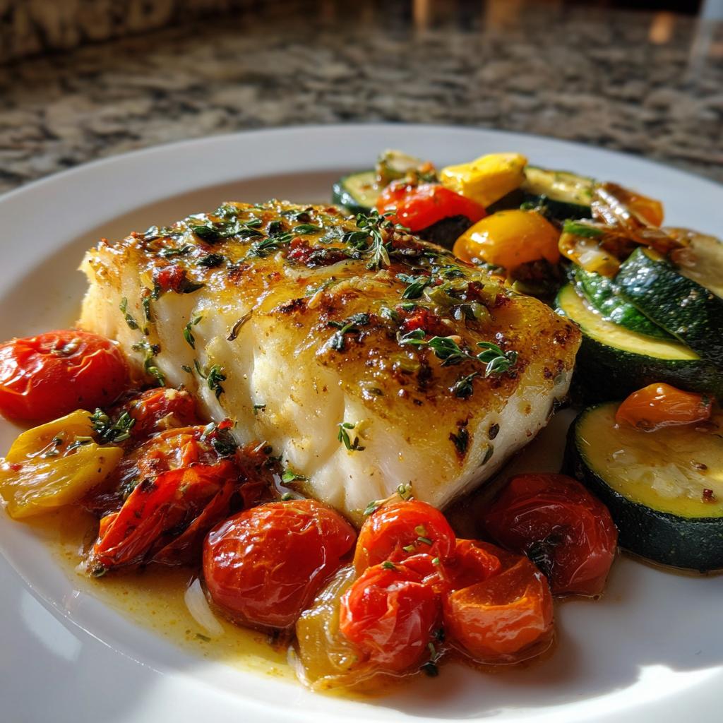 Baked lemon herb cod with roasted cherry tomatoes and sautéed zucchini on a white plate