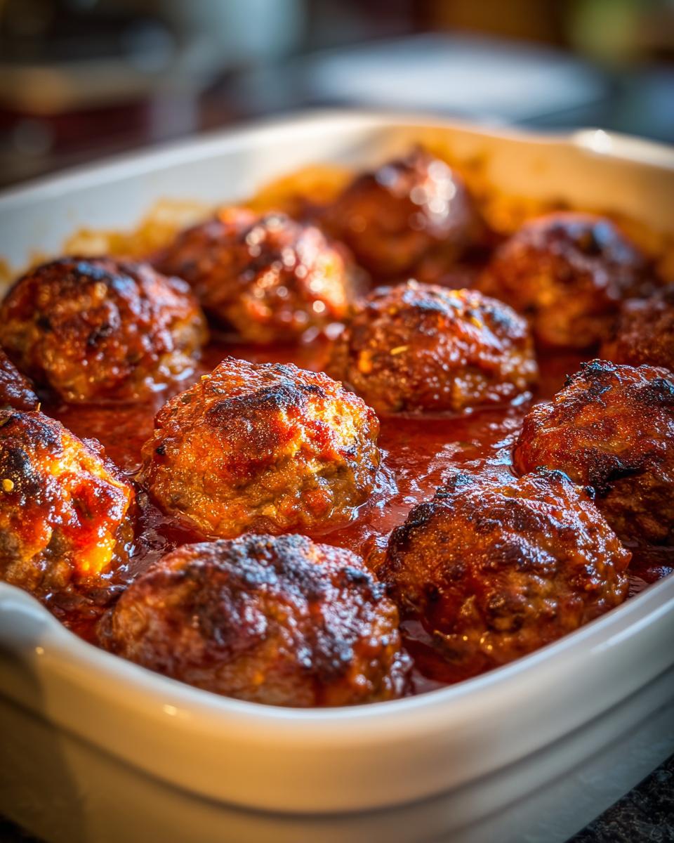 Close-up of baked meatballs marinara cooking in a white ceramic dish.