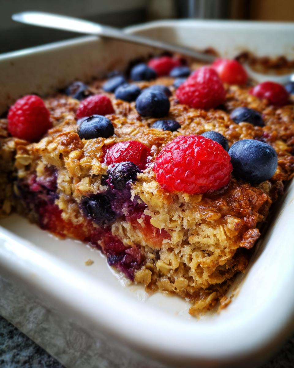 Close-up of baked oatmeal berries with raspberries and blueberries in a white baking dish.