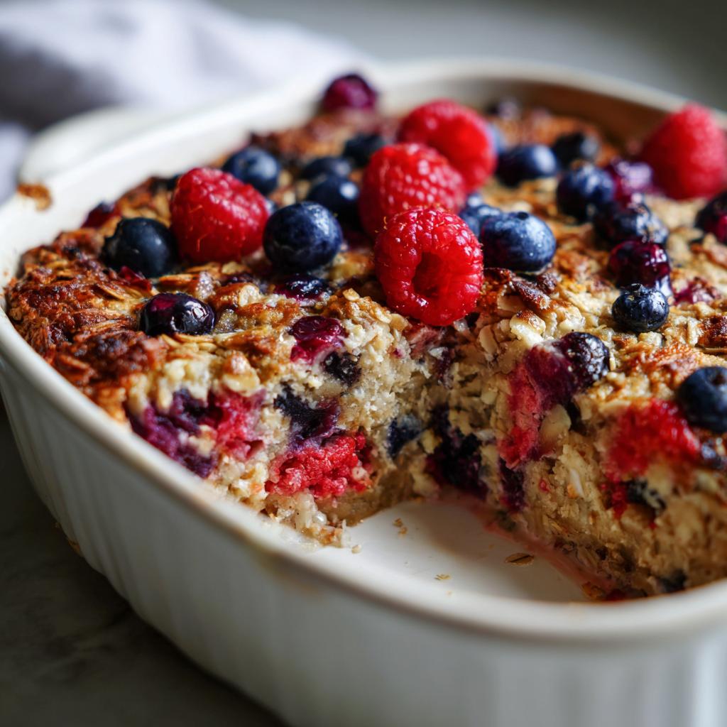 Close-up of baked oatmeal berries with raspberries and blueberries in a white baking dish