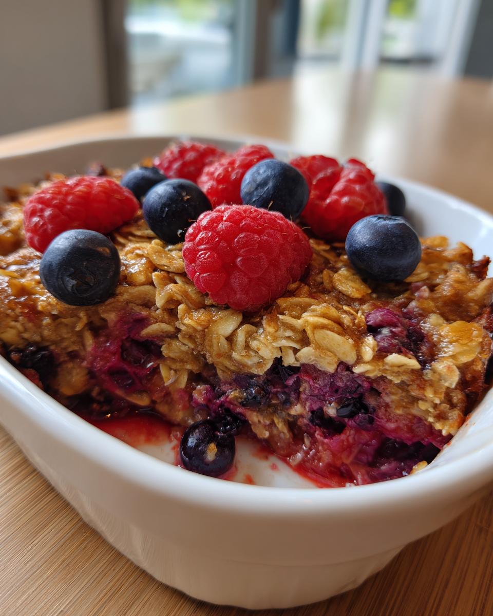 Baked oatmeal berries topped with raspberries and blueberries in a white baking dish.
