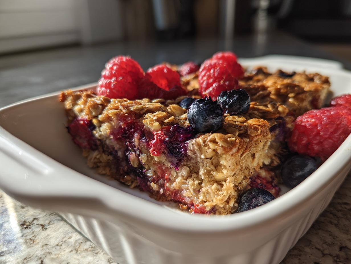 Close-up of baked oatmeal berries with raspberries and blueberries in a white ceramic dish.
