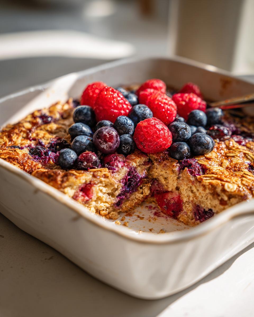 Baked oatmeal berries topped with fresh blueberries and raspberries in a white baking dish with a spoon