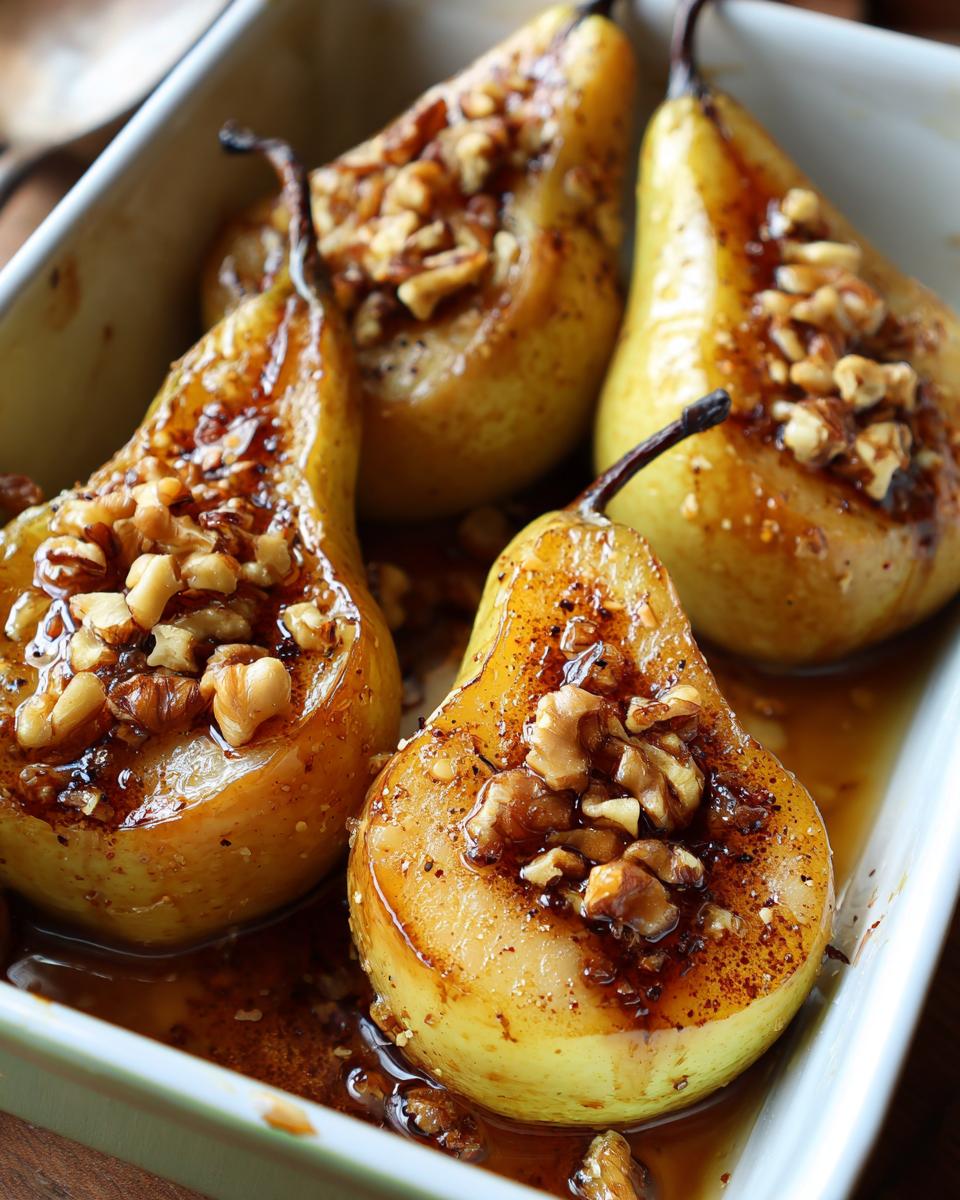 Four baked pears drizzled with honey and topped with chopped walnuts in a baking dish.