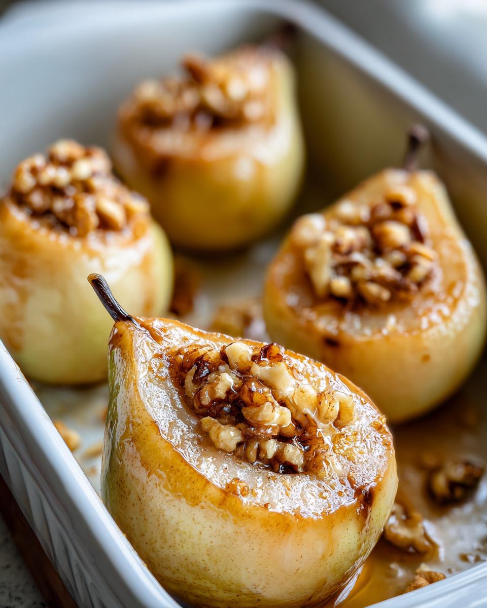 Close-up of baked pears with honey and walnuts in a white baking dish.