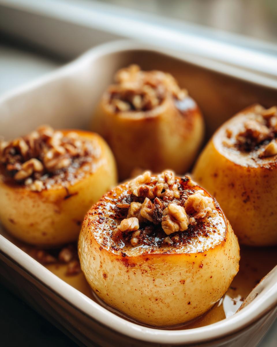 Four baked pears topped with honey, walnuts, and cinnamon in a white baking dish