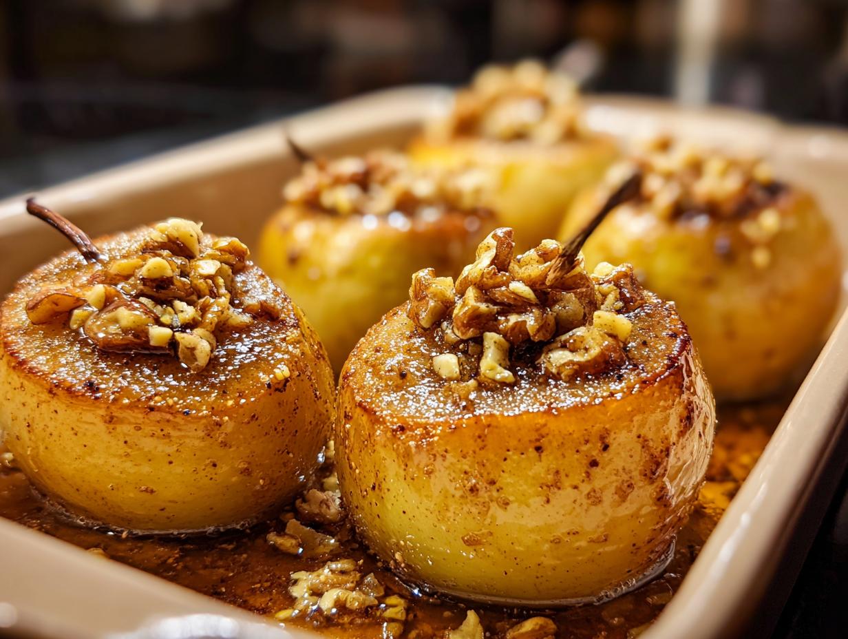 Close-up of baked pears with honey and walnuts in a baking dish.