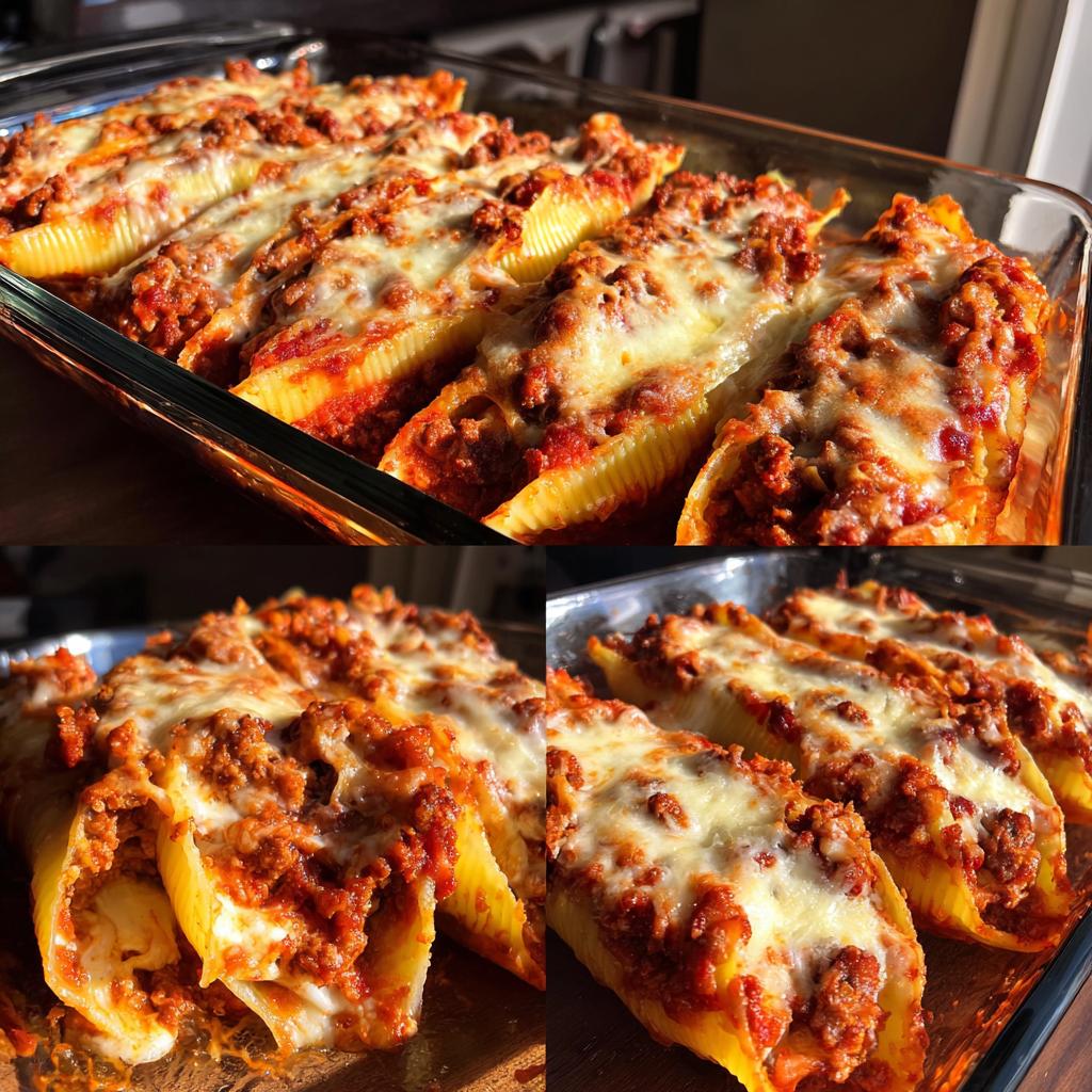 Close-up of baked stuffed pasta shells with meat sauce topped with melted cheese in a glass baking dish.
