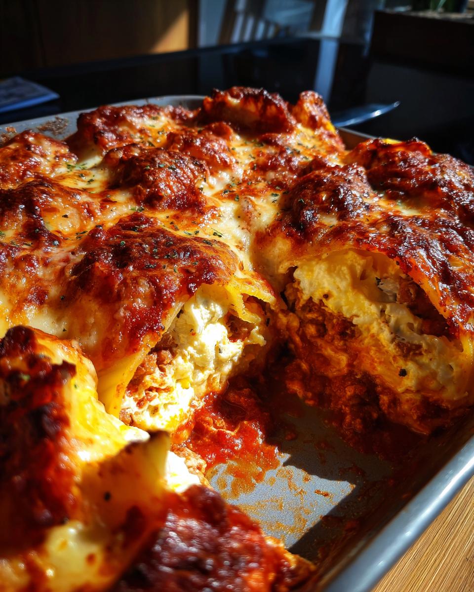 Baked stuffed pasta shells with meat sauce topped with melted golden brown cheese in a baking dish.