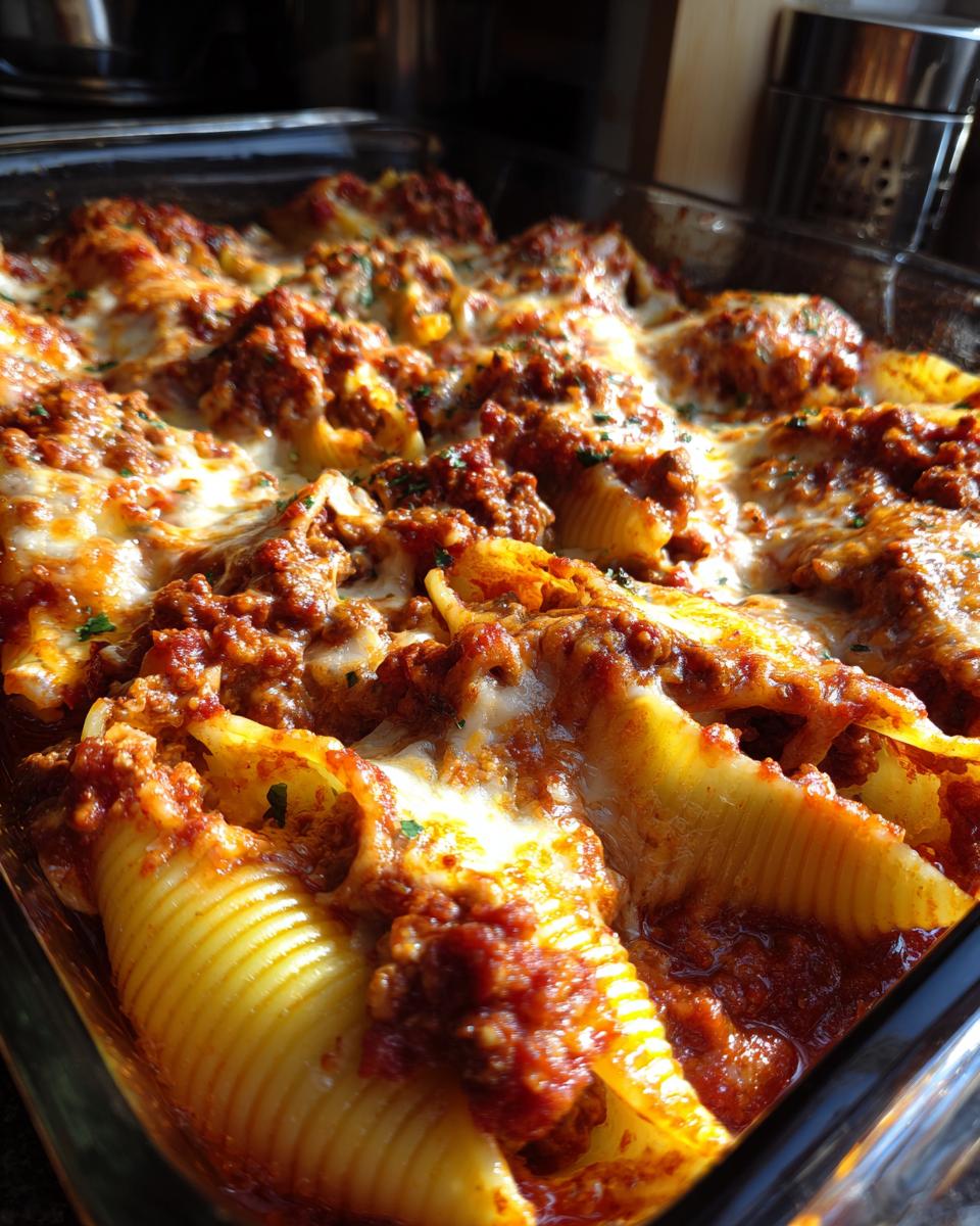 Glass baking dish filled with baked stuffed pasta shells with meat sauce and melted cheese.