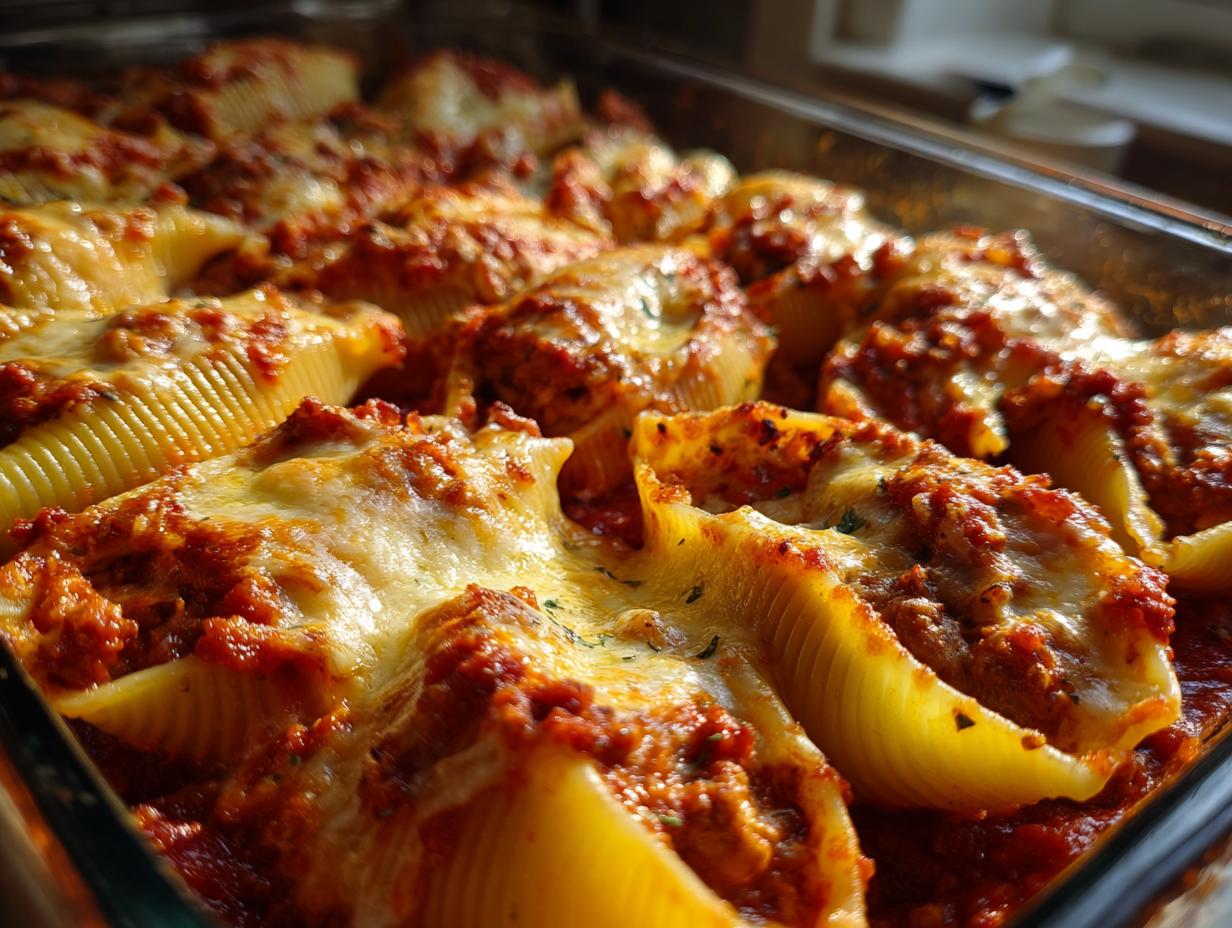 Baked stuffed pasta shells with meat sauce topped with melted cheese in a glass baking dish.