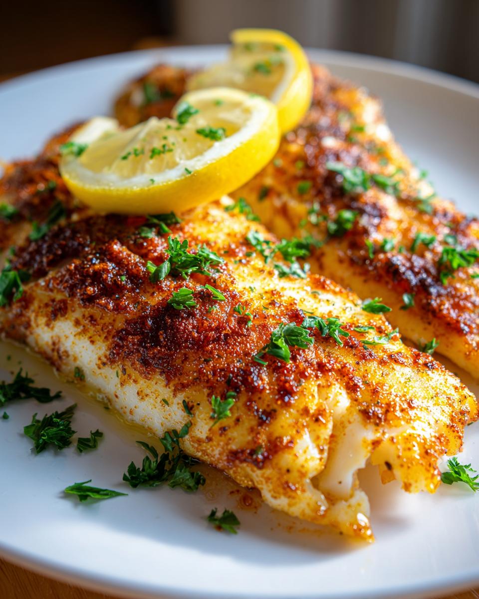 Close-up of baked tilapia fillets garnished with lemon slices and chopped parsley on a white plate