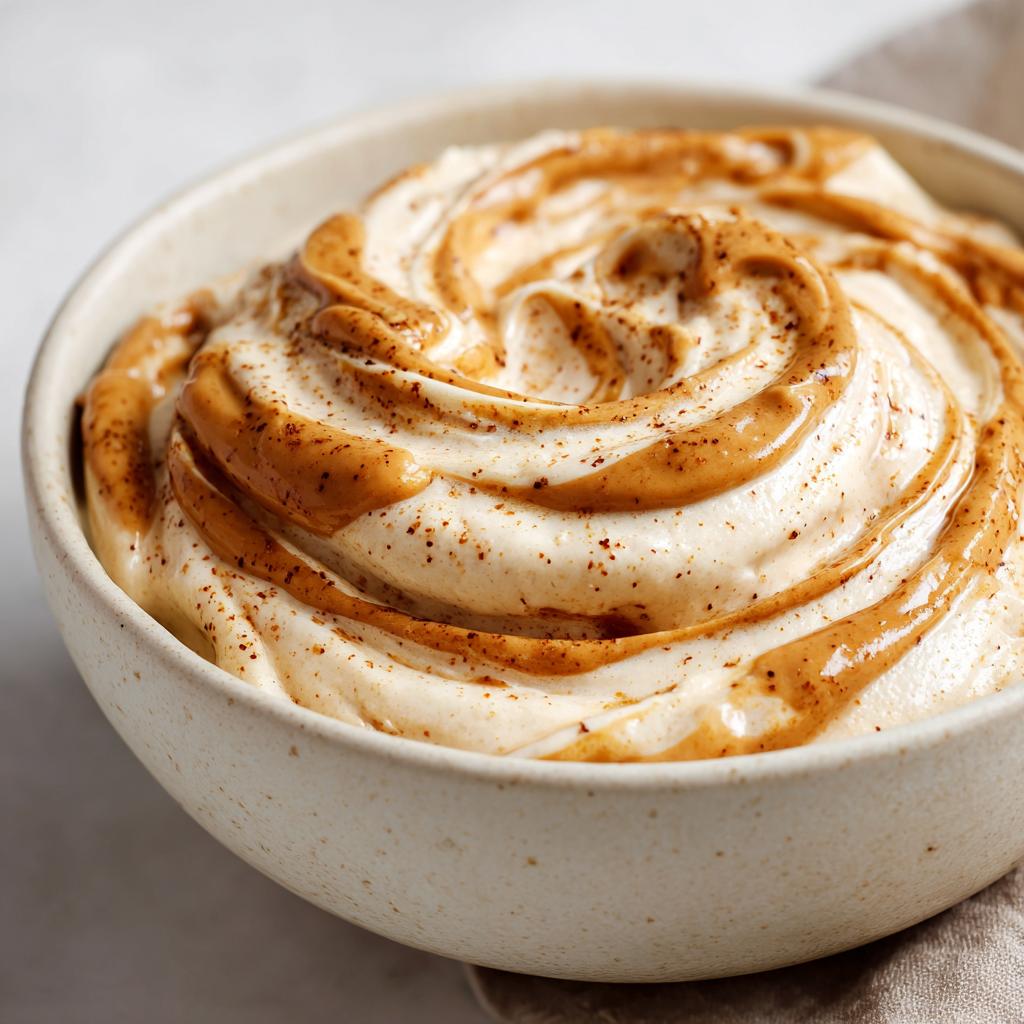 Close-up bowl of banana nice cream with a peanut butter swirl and sprinkled spices