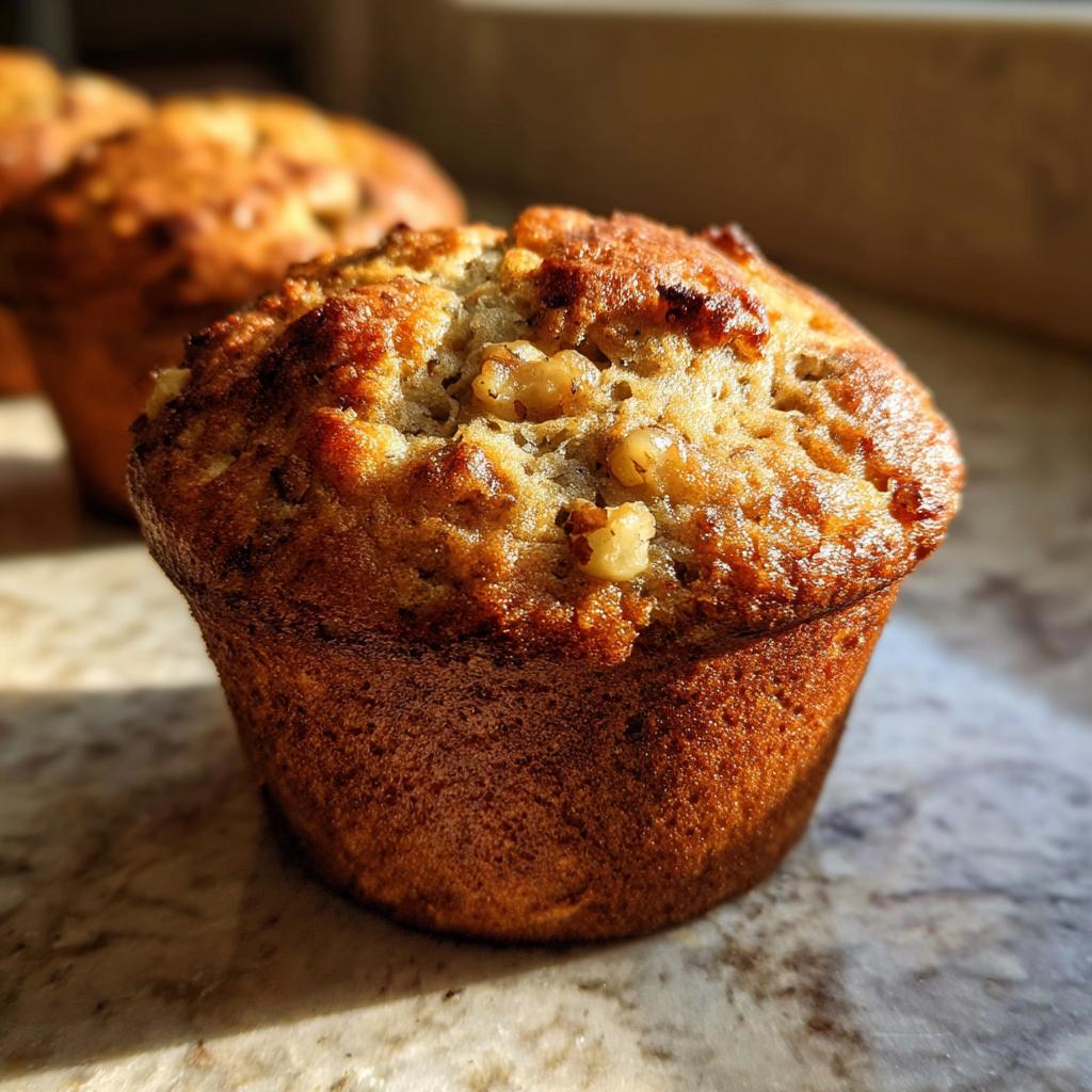 Close-up of a golden-brown banana nut muffin showcasing nuts and moist texture