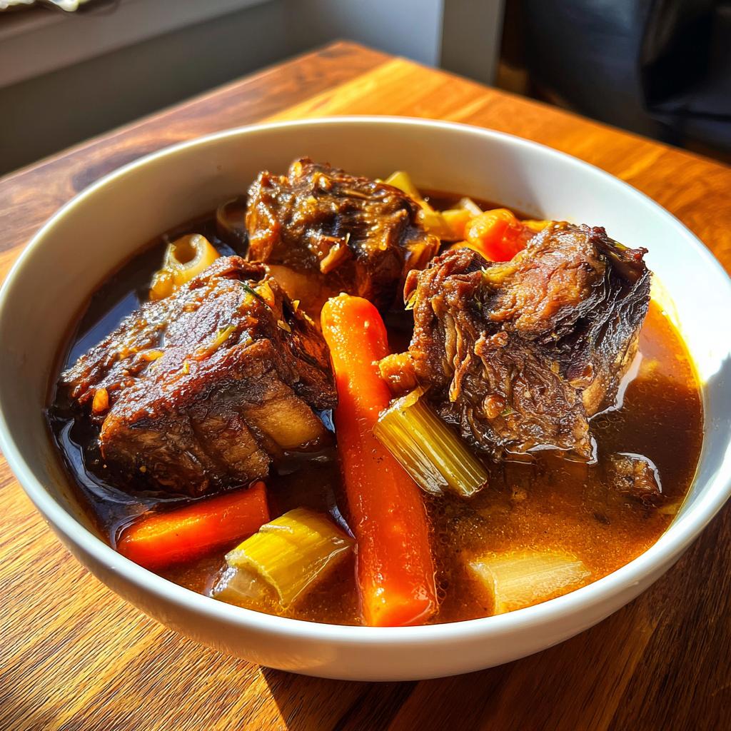 Bowl of beef short rib stew with tender meat, carrots, and celery in rich broth.