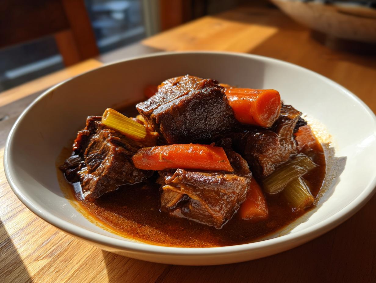 Bowl of beef short rib stew with tender meat, carrots, and celery in rich broth.