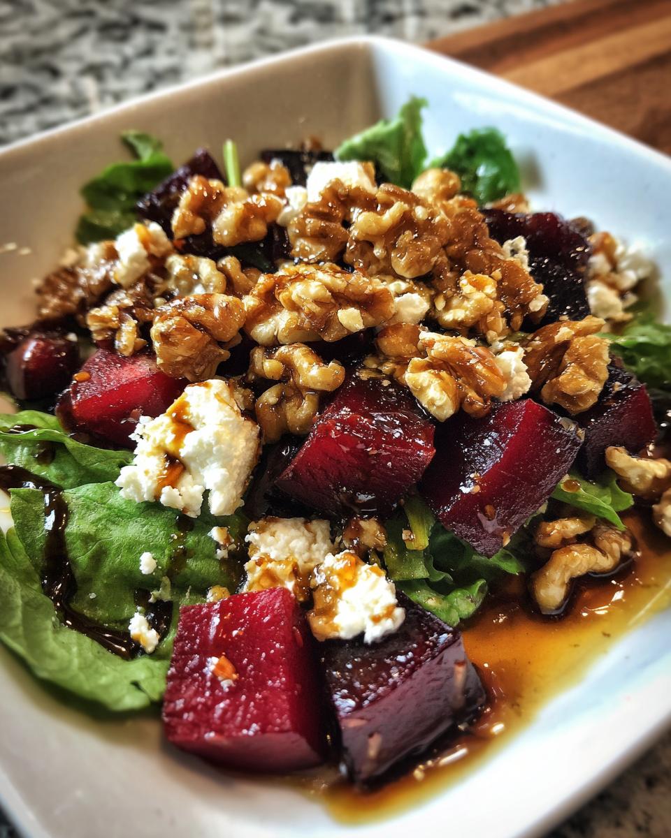 Beet goat cheese salad with leafy greens, walnuts, and balsamic dressing in a white dish.