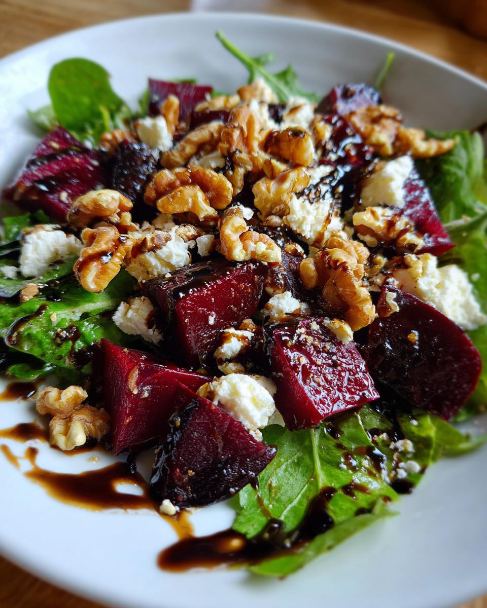 Beet goat cheese salad with fresh greens, walnuts, and balsamic drizzle on a white plate.