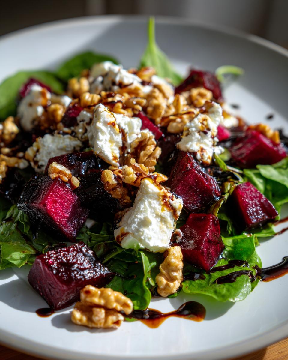 Beet goat cheese salad with roasted beets, goat cheese, walnuts, and greens drizzled with balsamic glaze