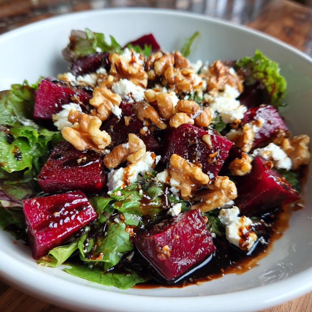 Beet goat cheese salad with fresh greens, walnuts, and balsamic drizzle in a white bowl