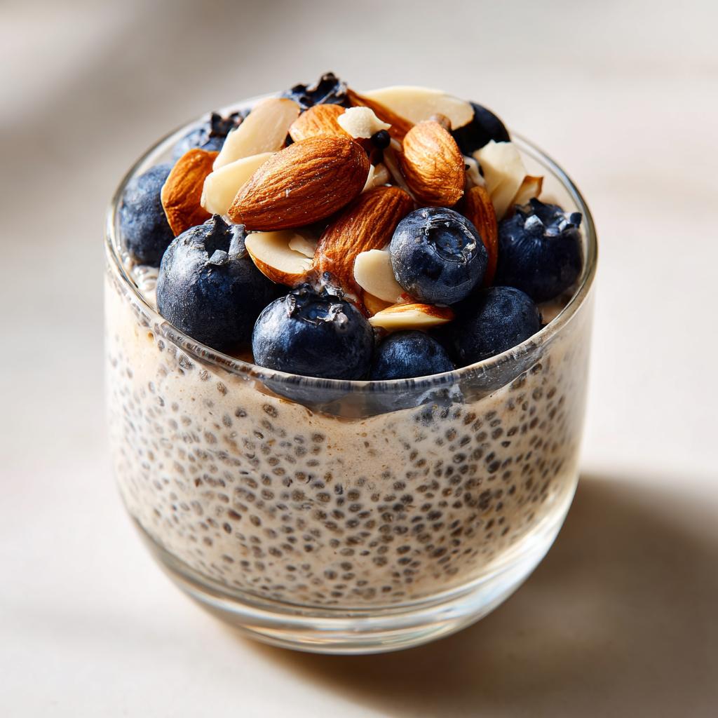 Glass of blueberry almond chia pudding topped with fresh blueberries and whole almonds
