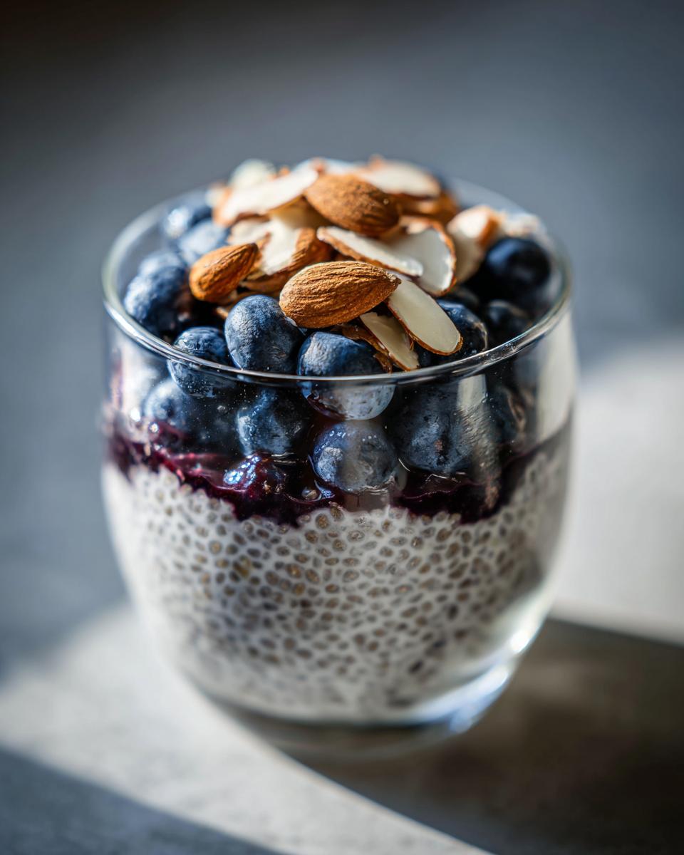 Glass cup filled with creamy blueberry almond chia pudding topped with almonds and fresh blueberries.