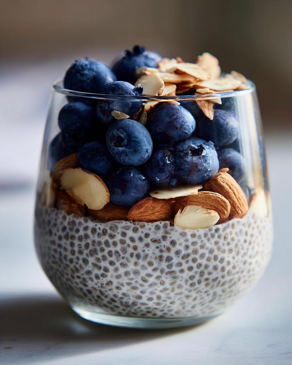Glass jar filled with creamy blueberry almond chia pudding topped with fresh blueberries and sliced almonds.