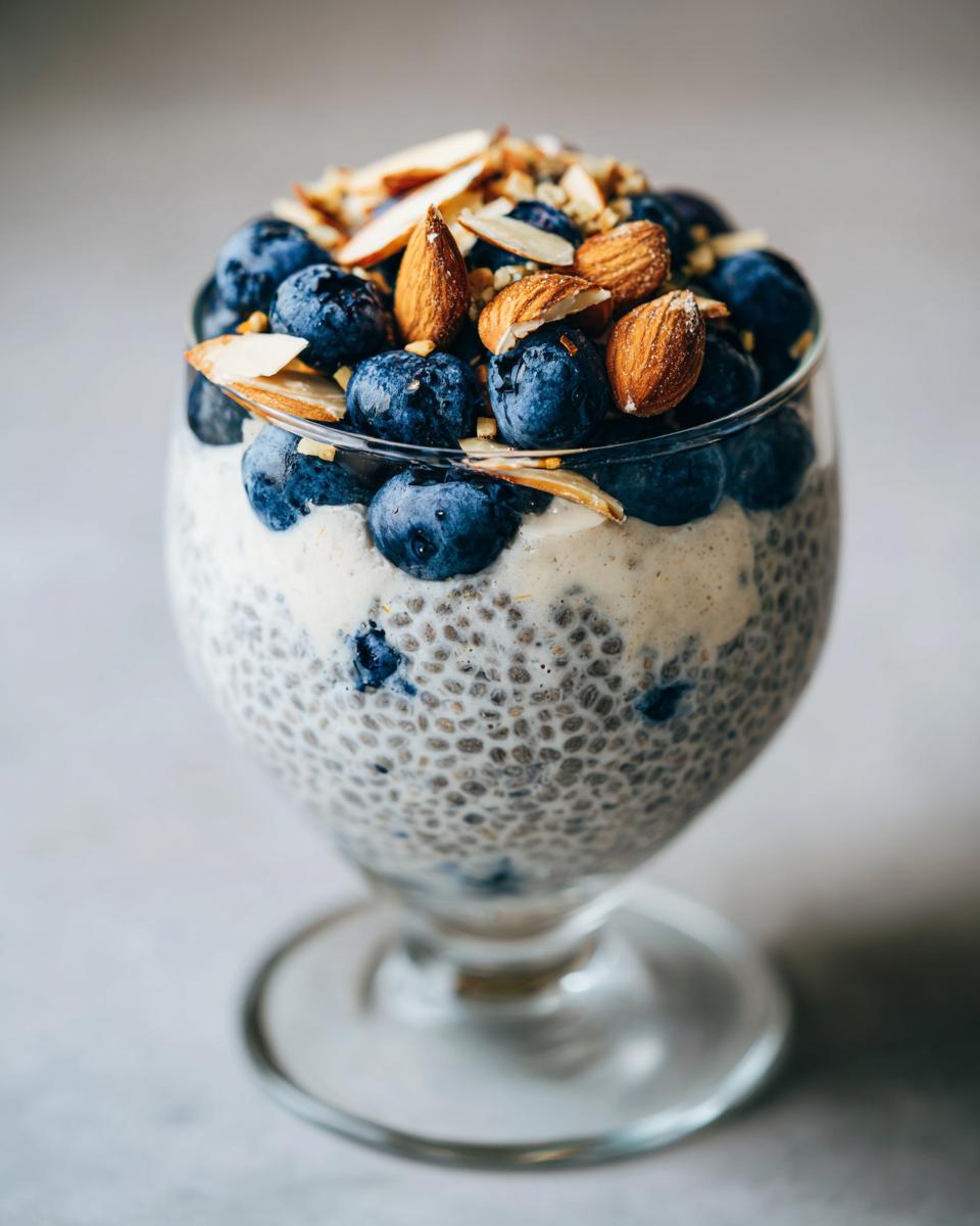 Glass of blueberry almond chia pudding topped with fresh blueberries and almonds