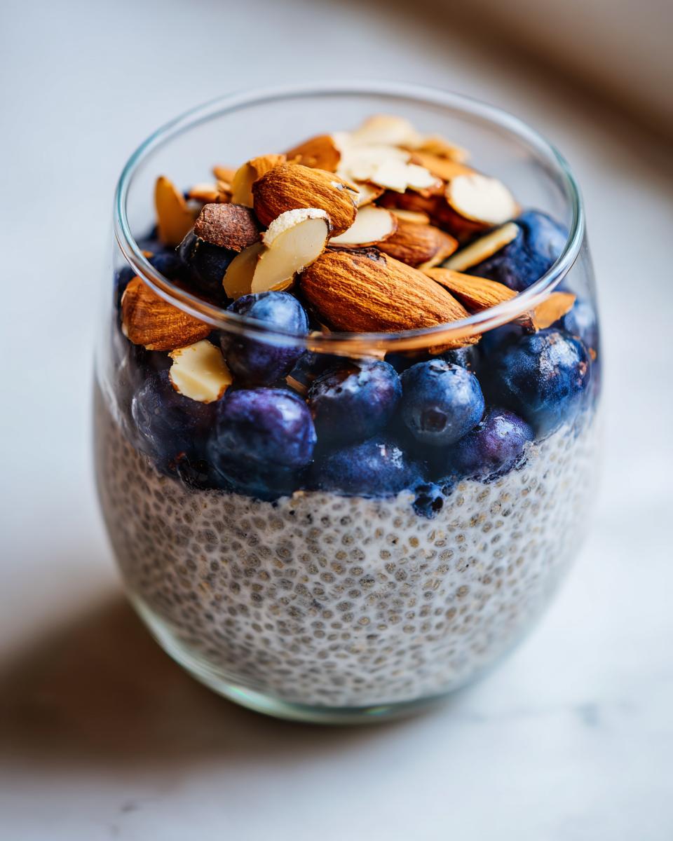 Close-up of blueberry almond chia pudding topped with fresh blueberries and almonds in a glass jar