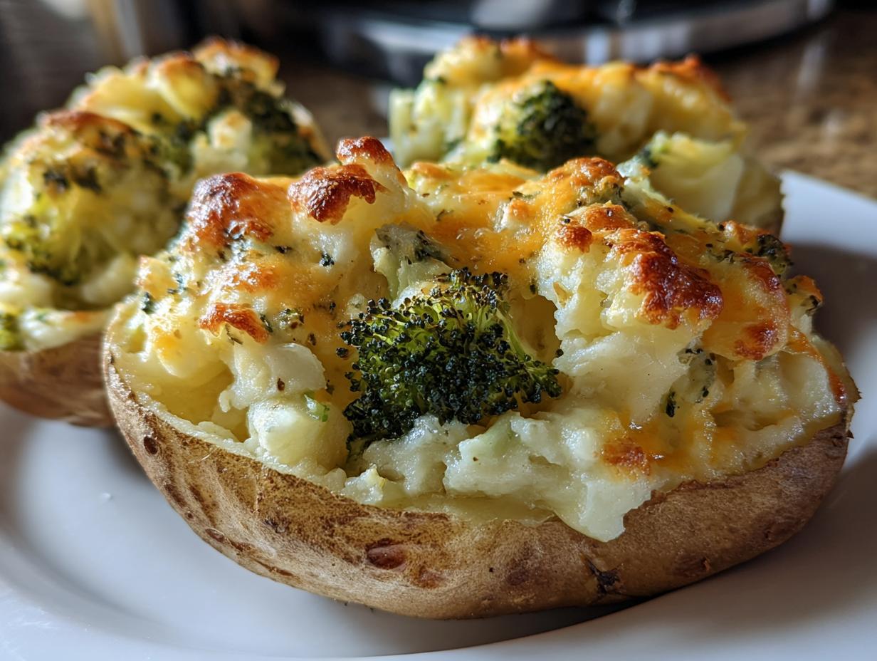 Broccoli cheddar stuffed potatoes with melted golden cheese on a white plate.
