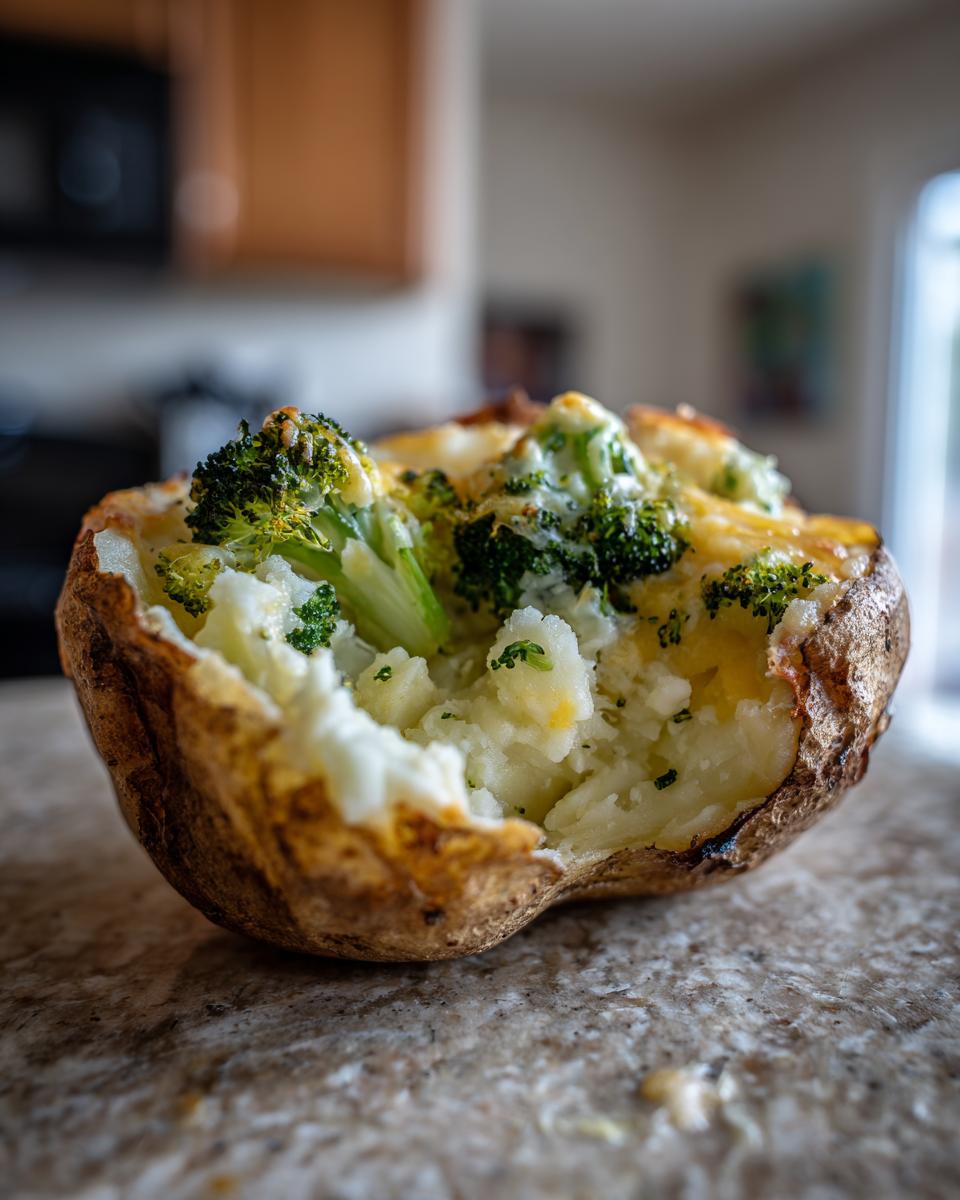 Baked potato stuffed with broccoli and melted cheddar cheese on a countertop.