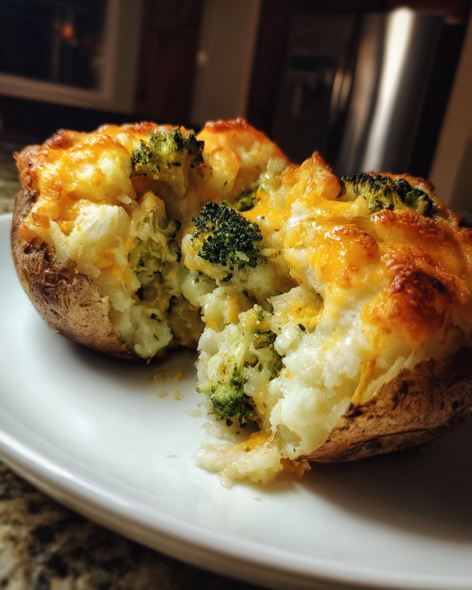 Broccoli cheddar stuffed potatoes split open on a white plate showing fluffy potato and melted cheese