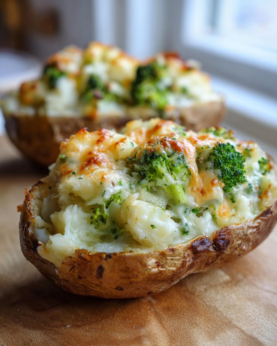 Close-up of broccoli cheddar stuffed potatoes with melted cheese and broccoli florets.