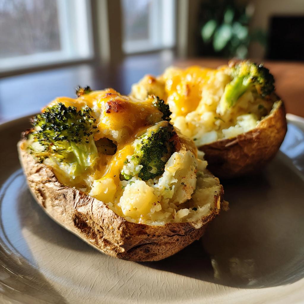 Close-up of broccoli cheddar stuffed potatoes with melted cheese on a ceramic plate.