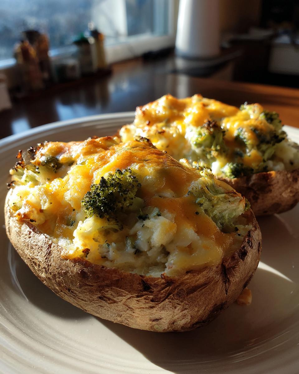 Close-up of broccoli cheddar stuffed potatoes with melted cheese and broccoli florets on a plate.