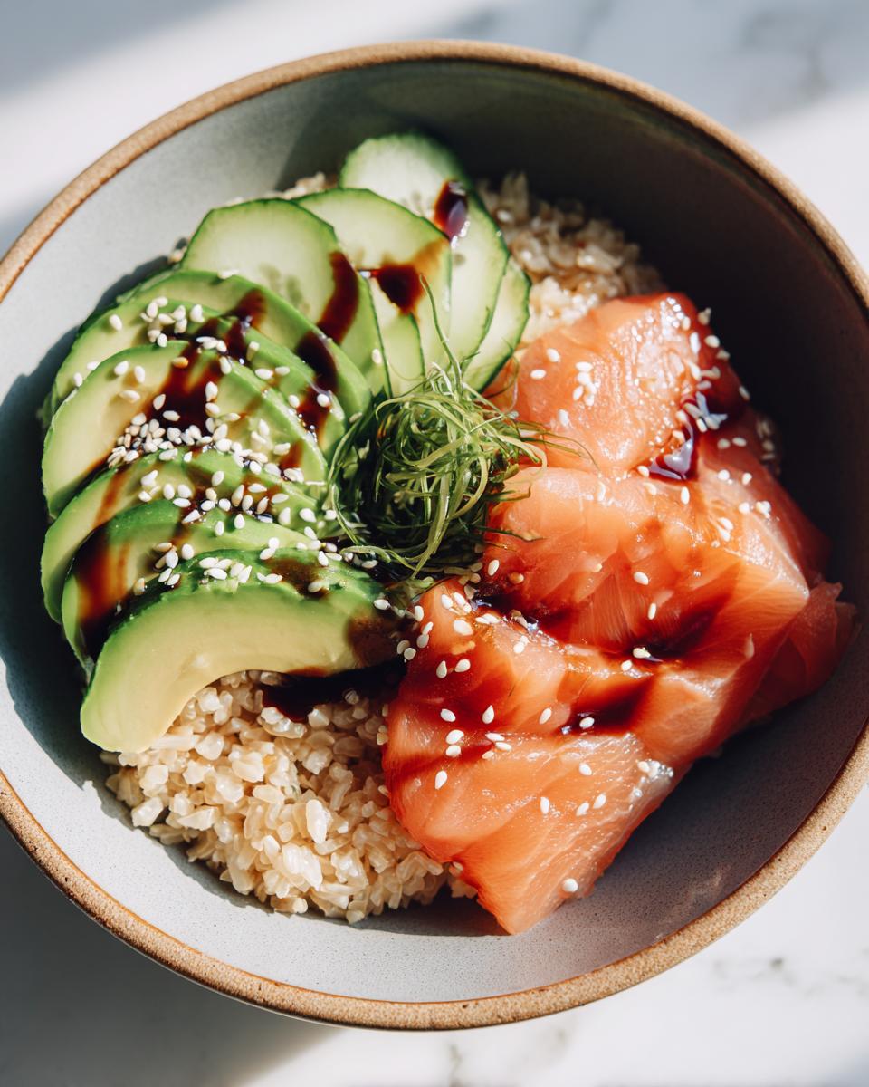 Brown rice sushi bowl with slices of salmon, avocado, cucumber, and sesame seeds drizzle