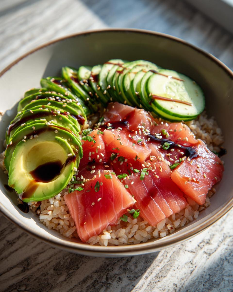 Brown rice sushi bowl with fresh salmon slices, avocado, cucumber, sesame seeds, and sauce drizzle.