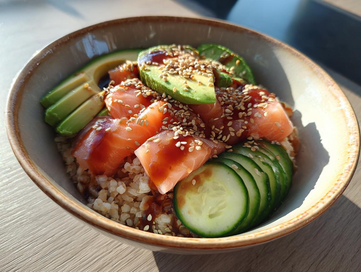 Brown rice sushi bowl with salmon, avocado slices, cucumber, and sesame seeds in a ceramic bowl.