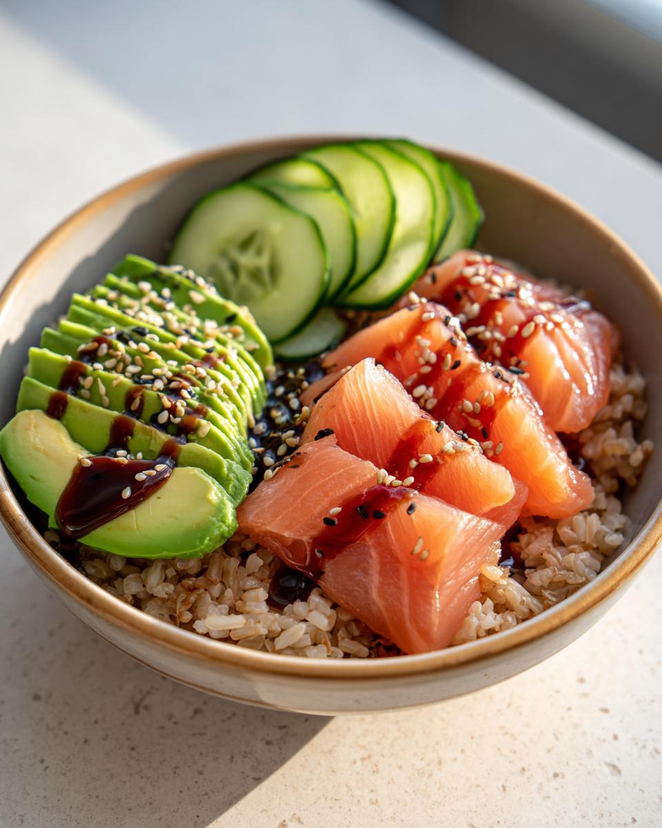 Brown rice sushi bowl with raw salmon, sliced avocado, cucumber, and sesame seeds drizzled with sauce