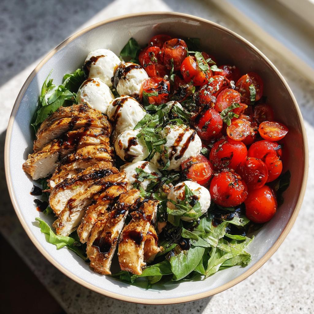 Bowl with sliced grilled chicken, cherry tomatoes, mozzarella balls on greens with balsamic drizzle