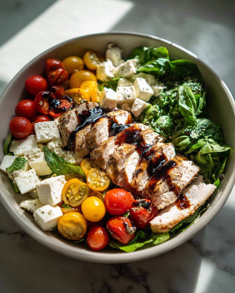 Caprese chicken salad lunch bowl with sliced grilled chicken, cherry tomatoes, feta cheese, and basil leaves.