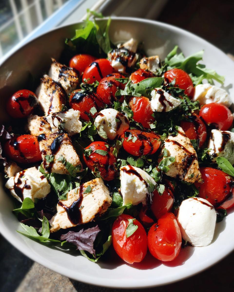 Caprese chicken salad lunch bowl with grilled chicken, cherry tomatoes, mozzarella, greens, and balsamic glaze